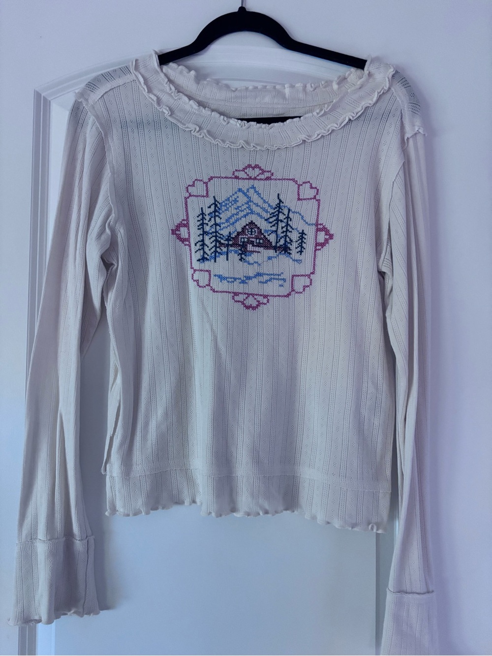 We The Free Cream Long-Sleeve Ribbed Top with Embroidered Cabin